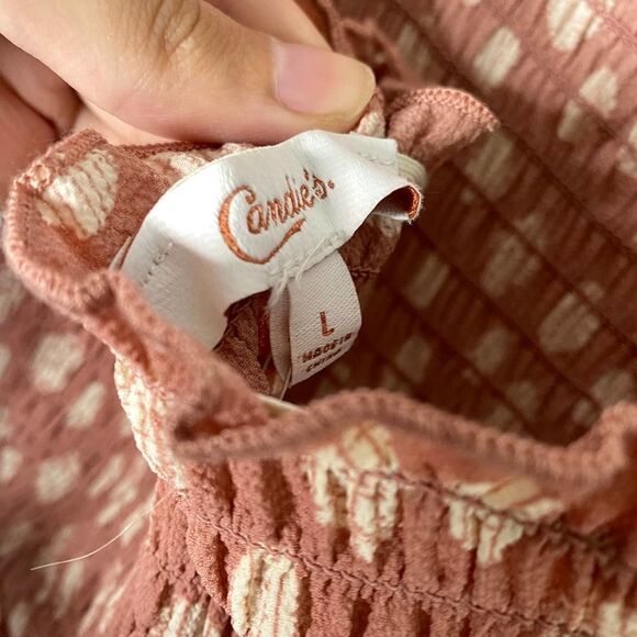 Candie's Smocked Sleeveless Polka Dot Halter Tie Jumpsuit Large Pink White New - Picture 5 of 12